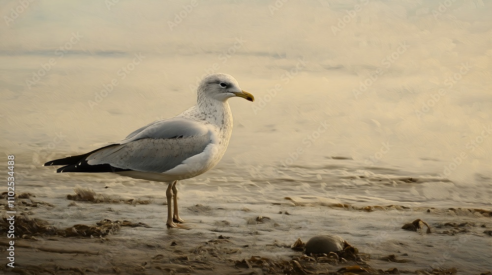 Seagull standing on sandy beach near water. Seagull standing on sandy beach near water.