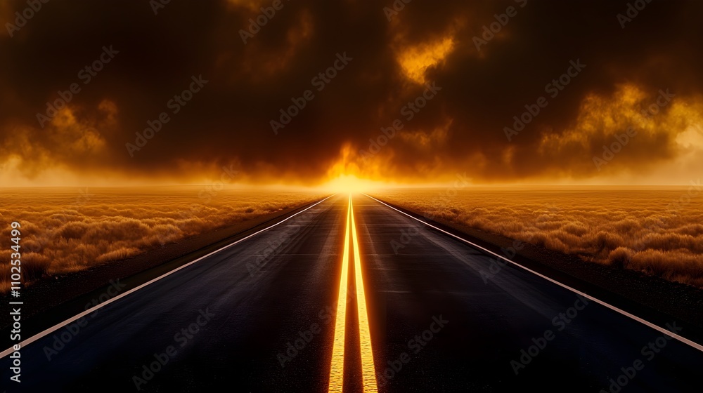 Naklejka premium A mist-covered road fading into a dense fog bank, with golden sunlight breaking through the clouds, symbolizing hope and success beyond uncertainty