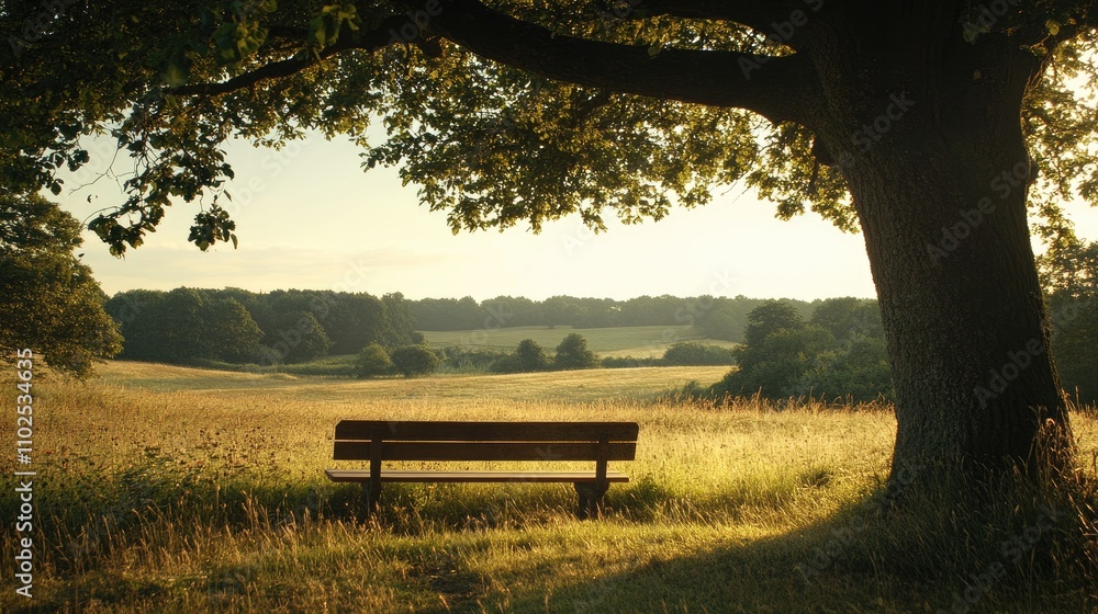 Serene Park Bench Under a Large Tree in Golden Hour Light Serene Park Bench Under a Large Tree in Golden Hour Light
