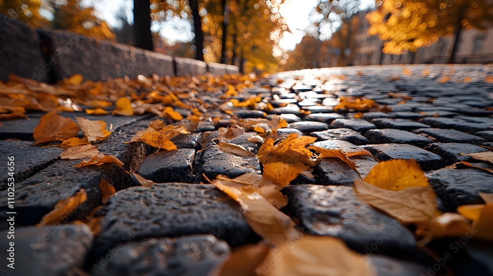 A narrow cobblestone road lined with golden autumn trees, vibrant leaves falling gently, a soft breeze carrying the cool scent of nature in the quiet air A narrow cobblestone road lined with golden autumn trees, vibrant leaves falling gently, a soft breeze carrying the cool scent of nature in the quiet air