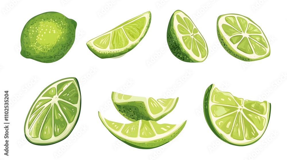 Whole and sliced limes, various angles, isolated on white background. Whole and sliced limes, various angles, isolated on white background.