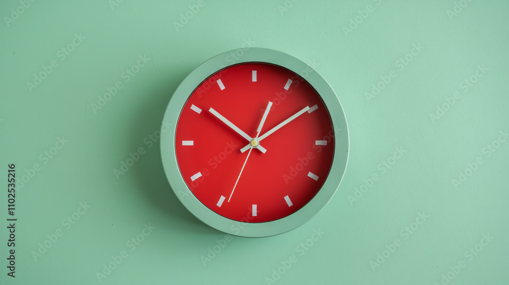 Round wall clock with red face and green frame Round wall clock with red face and green frame