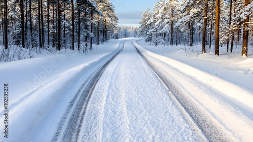 A narrow snow-covered road in a forest, surrounded by towering evergreens, peaceful winter landscape with fresh, untouched snow. Snowy forest road, tranquil winter