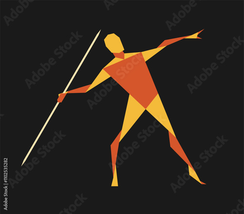 Javelin thrower silhouette. Geometric art graphic. Man figure posing with spear. Vector illustration image.