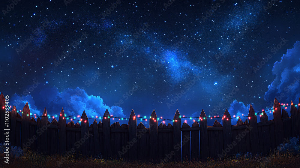 A serene night sky filled with stars illuminates a landscape featuring a wooden fence adorned with lights, creating a magical atmosphere. A serene night sky filled with stars illuminates a landscape featuring a wooden fence adorned with lights, creating a magical atmosphere.