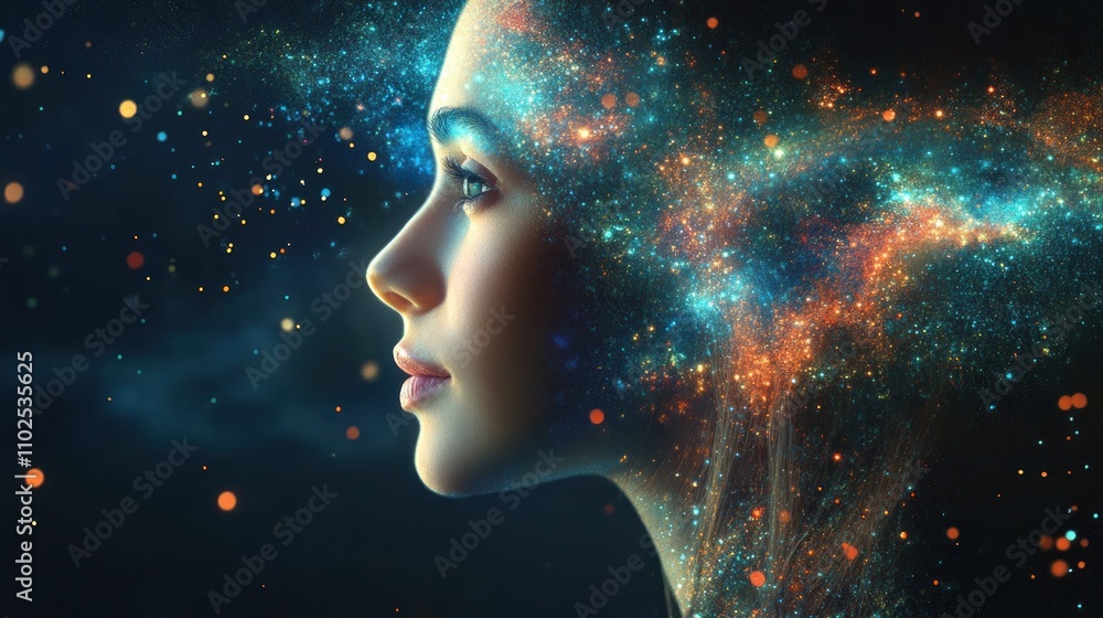 A cosmic profile of a woman with a galaxy-like background, symbolizing imagination and creativity. A cosmic profile of a woman with a galaxy-like background, symbolizing imagination and creativity.