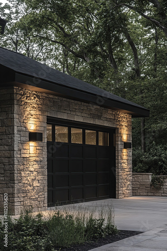 An outdoor lighting installation illuminates the exterior of an electric garage door with black steel windows, set against a backdrop of lush green trees and surrounded by a stone wall.