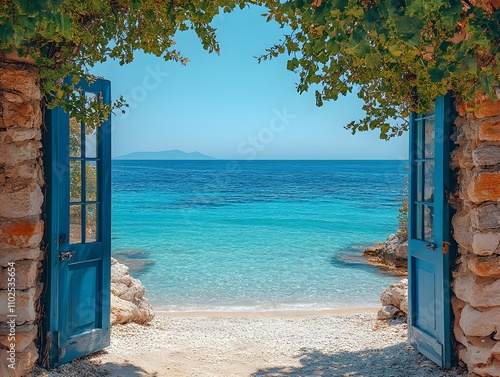 Wallpaper Mural A blue door opening to the sea with clear water and a sandy beach in Greece Torontodigital.ca