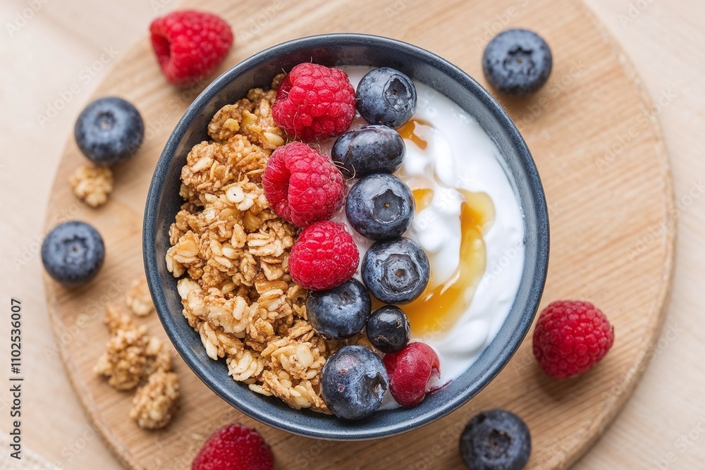 Healthy breakfast bowl with granola, yogurt, and fresh berries Healthy breakfast bowl with granola, yogurt, and fresh berries