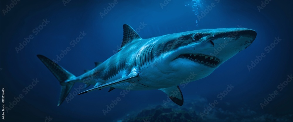 Fototapeta premium Close-up of a menacing great white shark swimming in deep blue ocean