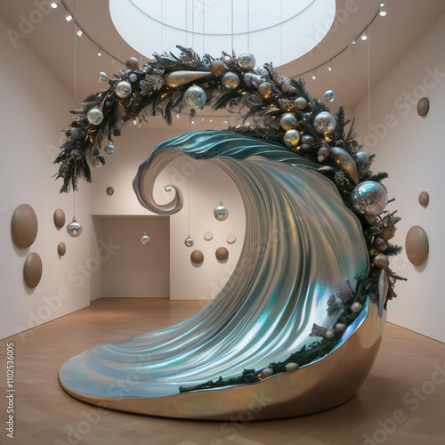 A surrealist Christmas tree resembling a flowing wave, crafted from metallic and organic materials, glowing with iridescent light,300 DPI High Resolution photo