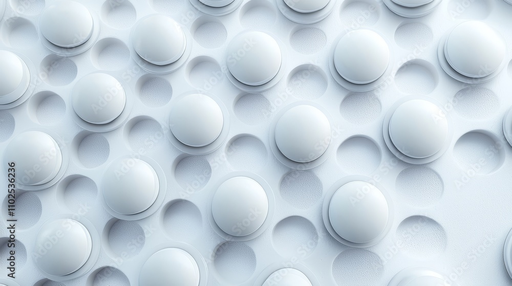 White round pills arranged in a modern pattern on a white surface, soft light and realistic shadows, clean and professional for healthcare advertising White round pills arranged in a modern pattern on a white surface, soft light and realistic shadows, clean and professional for healthcare advertising