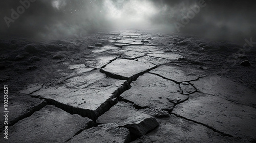 A desolate landscape with cracked ground under a dark, ominous sky, evoking a sense of isolation and mystery.