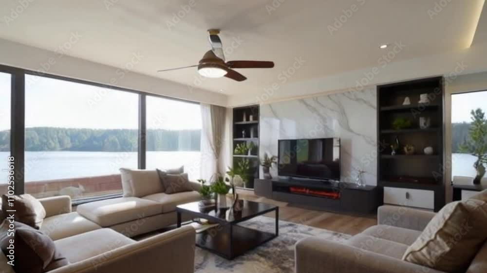 A modern lakeside living room with large windows framing a scenic water view, featuring warm, inviting decor. A modern lakeside living room with large windows framing a scenic water view, featuring warm, inviting decor.