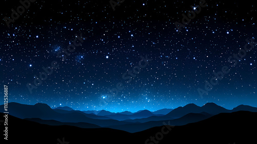 Dark blue evening sky with scattered stars and glittering bokeh effect amidst a starry night landscape, set against a black background, cosmos, night sky, evening, celestial. Celestial. Illustration photo