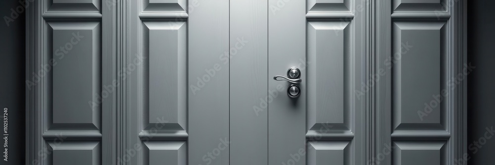 Grey wooden door with a shiny silver door handle, with copy space for text or graphics in the center, entryway, entrance, security Grey wooden door with a shiny silver door handle, with copy space for text or graphics in the center, entryway, entrance, security