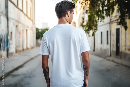 Man in White T Shirt Walking Away photo