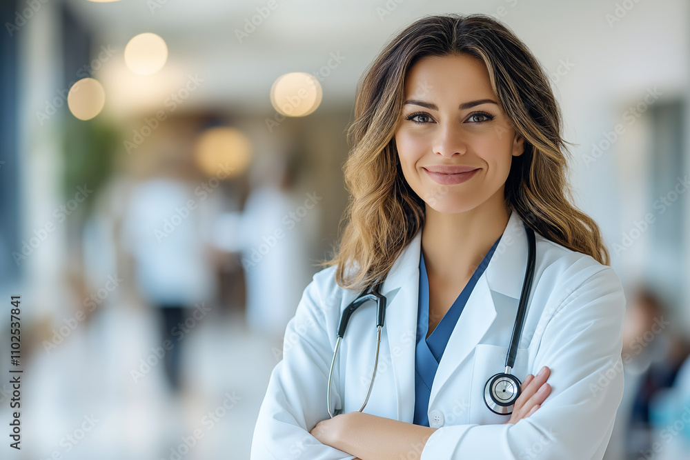 Smiling woman doctor in white coat, space for text Smiling woman doctor in white coat, space for text