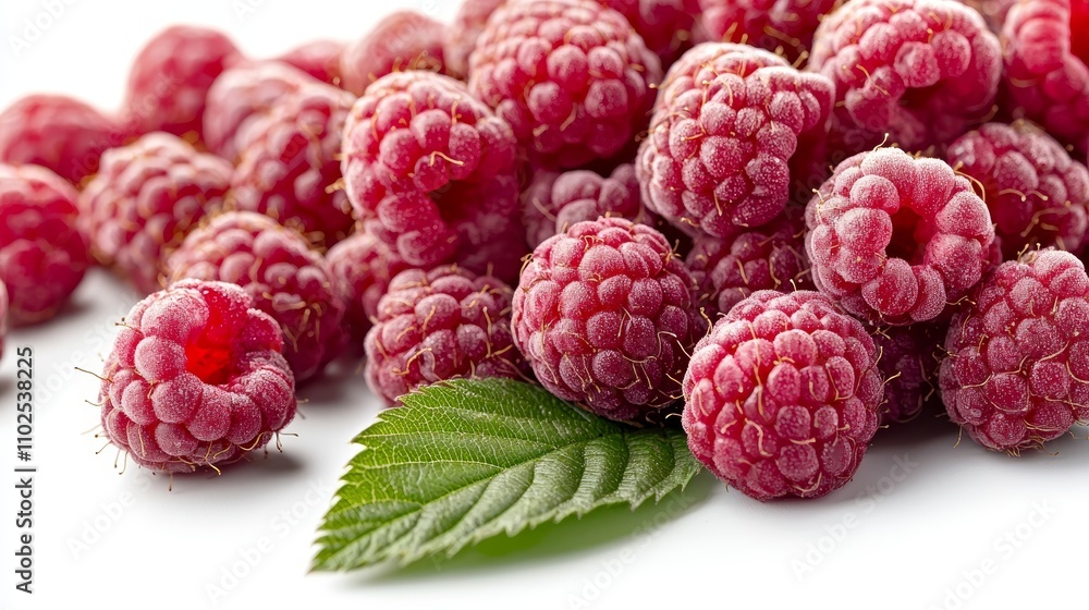 Ripe raspberries with green leaf, macro shot, fresh and vibrant, isolated on white background Ripe raspberries with green leaf, macro shot, fresh and vibrant, isolated on white background