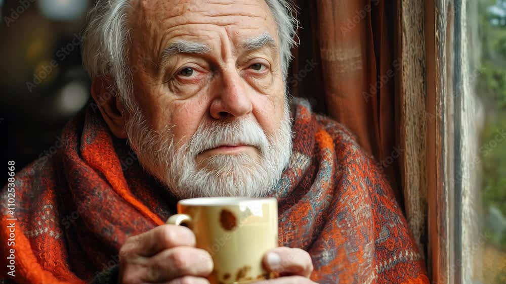 Senior man with shawl holding coffee cup and looking through window at home 4K Video Senior man with shawl holding coffee cup and looking through window at home 4K Video