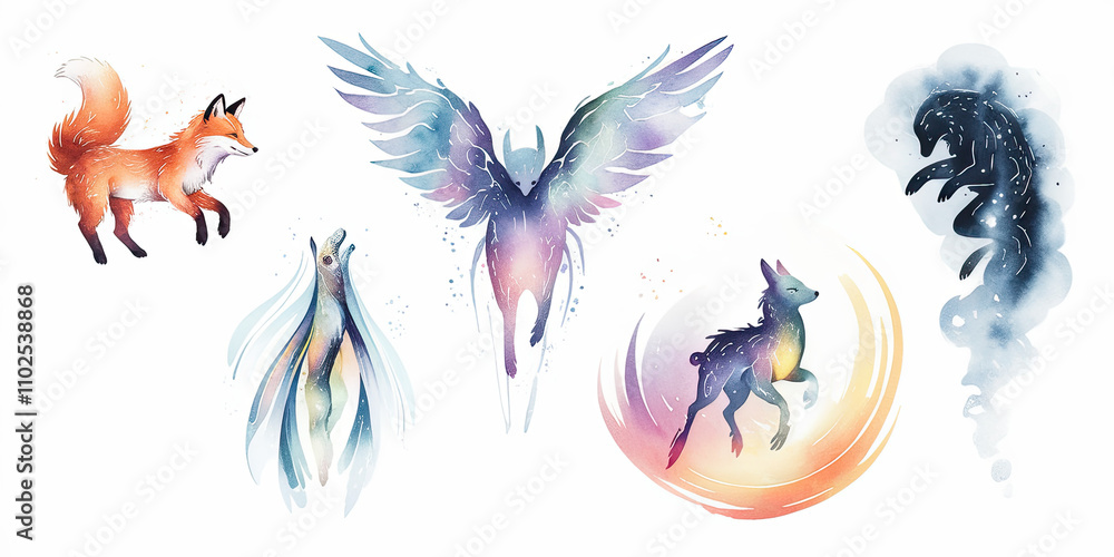 Magical Watercolor of Five Different Animals in a Mystical Forest Landscape Magical Watercolor of Five Different Animals in a Mystical Forest Landscape