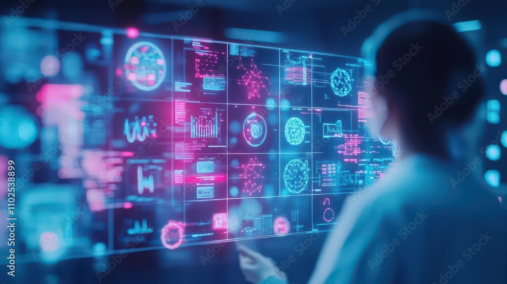 A digital healthcare center where holographic interfaces show connected health data A digital healthcare center where holographic interfaces show connected health data