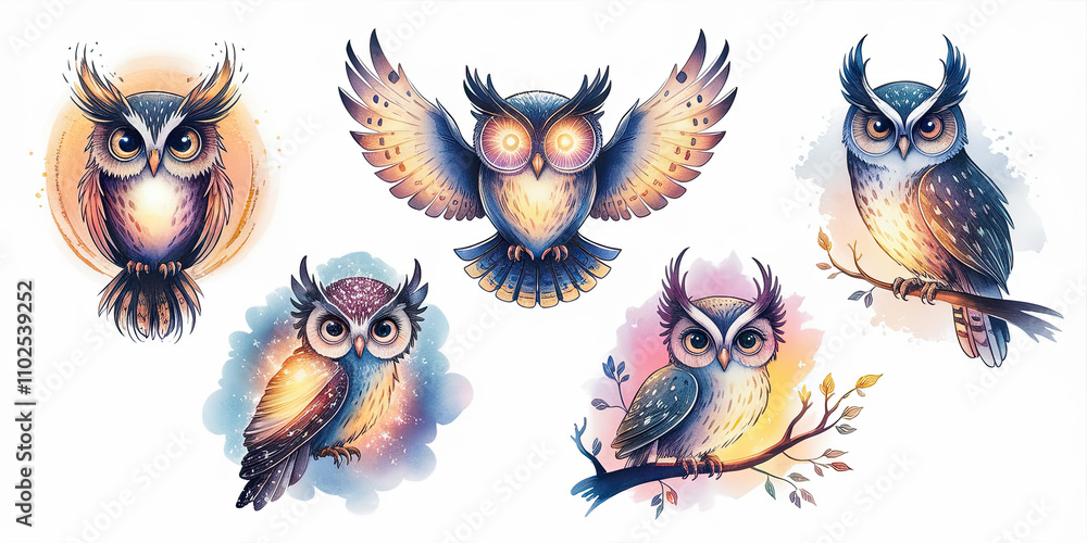 Fototapeta premium Whimsical Watercolor Illustration of Five Quirky Animal Characters