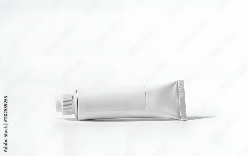 A plain, white cylindrical tube with a screw cap lies horizontally on a white surface, casting a soft shadow that adds depth to the minimalist composition. A plain, white cylindrical tube with a screw cap lies horizontally on a white surface, casting a soft shadow that adds depth to the minimalist composition.