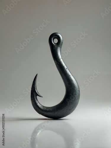 A large, polished metallic fish hook is set against a plain background, casting a subtle reflection that adds depth and dimension to the composition. photo