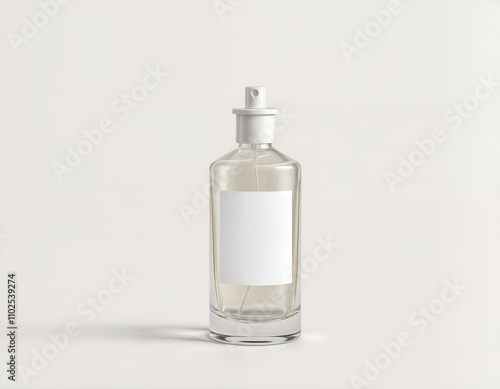 A clear glass spray bottle with a white label and nozzle is set against a plain white background, showcasing a minimalistic and versatile design.