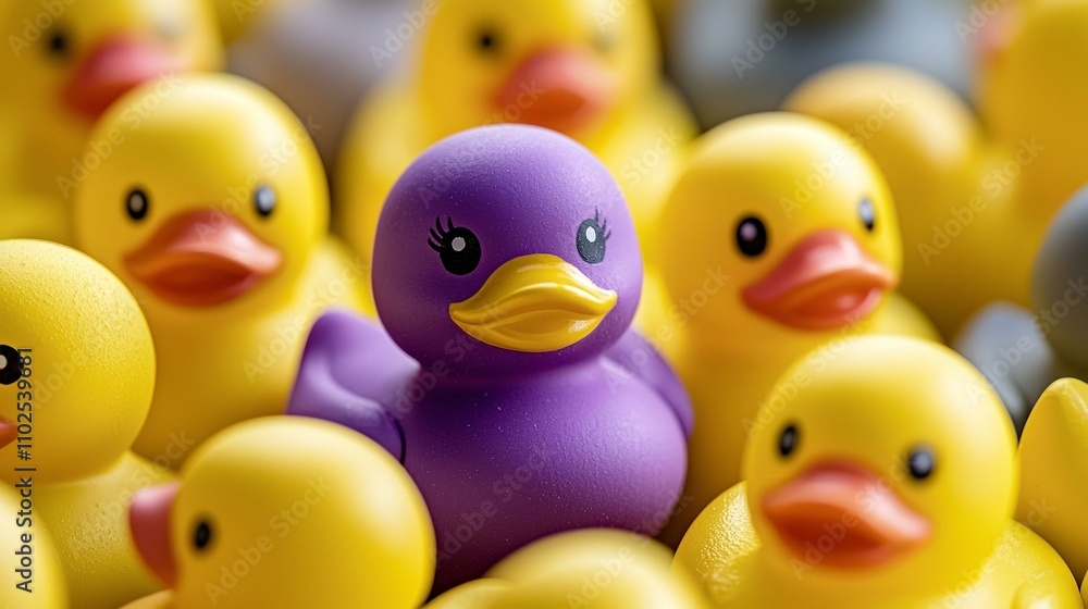Unique purple toy duck among many yellow ones. standing out from crowd individuality and difference concept. Unique purple toy duck among many yellow ones. standing out from crowd individuality and difference concept.