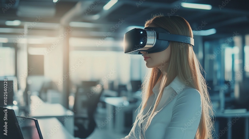 Young woman immersed in virtual reality experience at modern office, exploring digital worlds through VR headset while seated at workstation. Young woman immersed in virtual reality experience at modern office, exploring digital worlds through VR headset while seated at workstation.