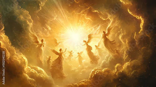 Celestial choir of angels ethereal beings with flowing robes and shimmering wings singing amidst swirling cosmic clouds golden light radiating from center. Celestial. Illustration photo