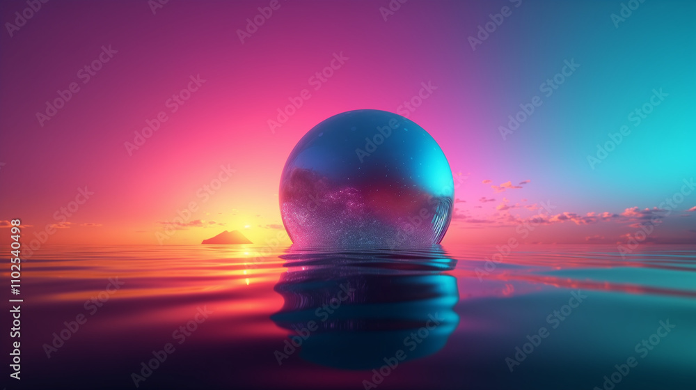 A large, metallic blue egg floats on calm water at sunset. Vibrant pink and blue neon hues illuminate the sky and ocean, creating a surreal and dreamlike atmosphere. The egg reflects the sky. A large, metallic blue egg floats on calm water at sunset. Vibrant pink and blue neon hues illuminate the sky and ocean, creating a surreal and dreamlike atmosphere. The egg reflects the sky.