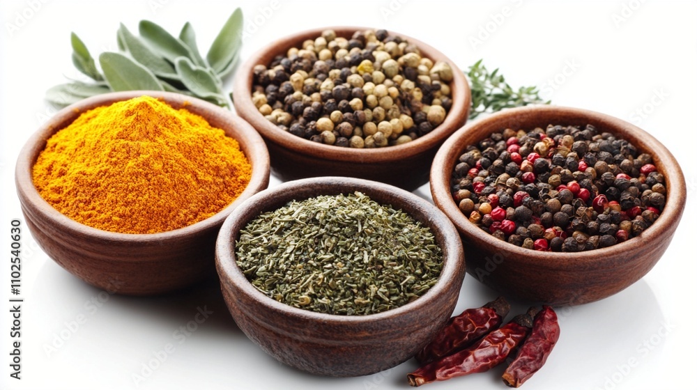 Vibrant array of aromatic spices and herbs in rustic wooden bowls: turmeric powder, mixed peppercorns, dried herbs, and colorful peppercorns with chili peppers. Vibrant array of aromatic spices and herbs in rustic wooden bowls: turmeric powder, mixed peppercorns, dried herbs, and colorful peppercorns with chili peppers.