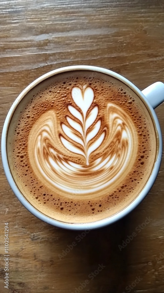 A perfectly crafted latte art showcasing a delicate leaf design in creamy foam atop rich espresso, served in a white ceramic cup on rustic wooden table. A perfectly crafted latte art showcasing a delicate leaf design in creamy foam atop rich espresso, served in a white ceramic cup on rustic wooden table.