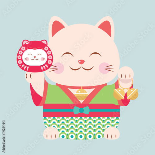 Cute lucky cat in kimono with left and right paws raised. Beckoning cat holding daruma kitten and bells in raised paws, traditional japanese amulet attracting money and luck. Isolated vector object