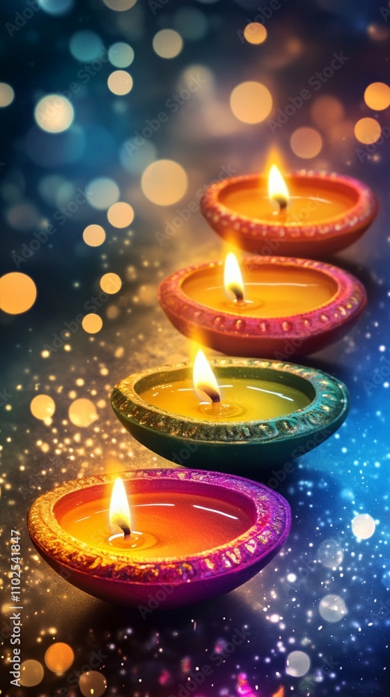Vibrant diya lamps illuminate the festive night, their colorful flames dancing amidst a sea of sparkling bokeh lights, creating a magical Diwali atmosphere. Vibrant diya lamps illuminate the festive night, their colorful flames dancing amidst a sea of sparkling bokeh lights, creating a magical Diwali atmosphere.