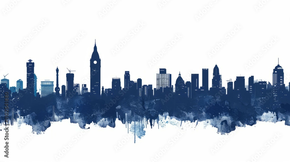 Silhouette of Mumbai city skyline with artistic blue watercolor elements on white background Silhouette of Mumbai city skyline with artistic blue watercolor elements on white background
