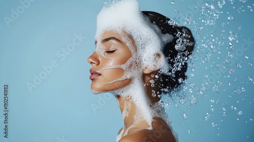Beautiful Woman with Bubbles and Soap Suds on Blue Background
