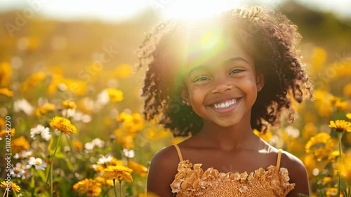 Cheerful young Black girl wearing a sundress in a flowerfilled meadow 4K Video