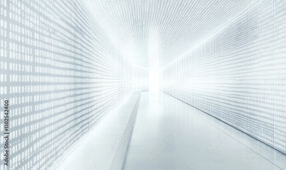 Obraz premium Bright white corridor filled with binary code on walls creating a sci-fi futuristic environment