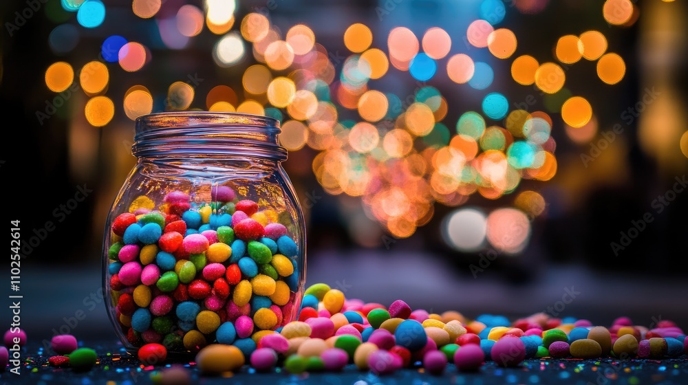Colorful Candy Jar with Bright Bokeh Background at Night Colorful Candy Jar with Bright Bokeh Background at Night