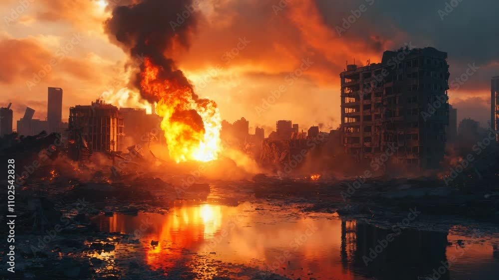Devastated city under attack showing burning building at sunset 4K Video Devastated city under attack showing burning building at sunset 4K Video