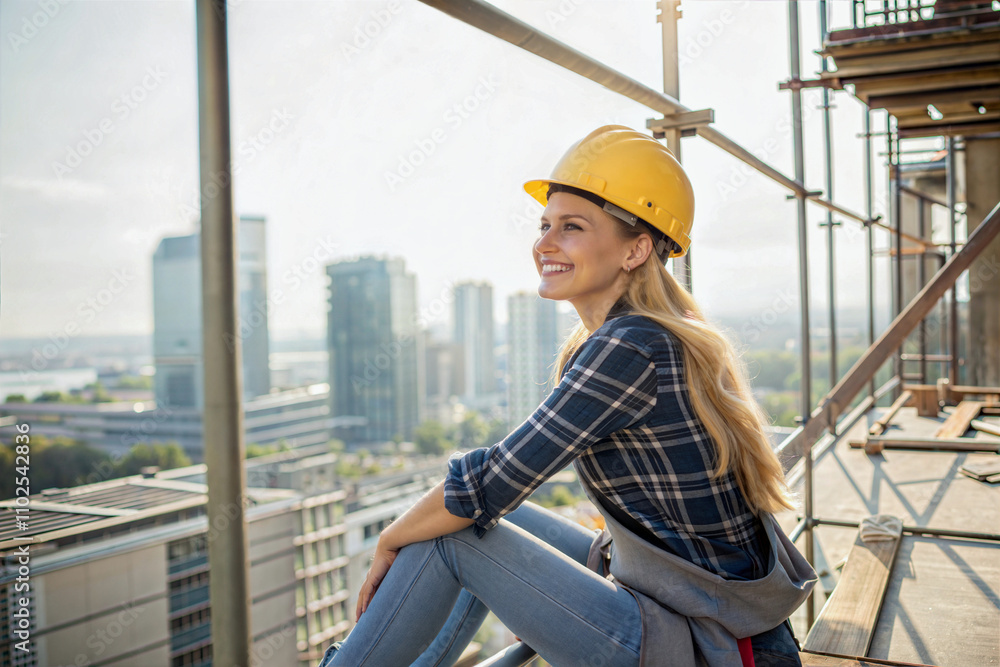 Beautiful blonde female construction worker in yellow helmet sitting high on scaffolding and smiling, people at work, professional