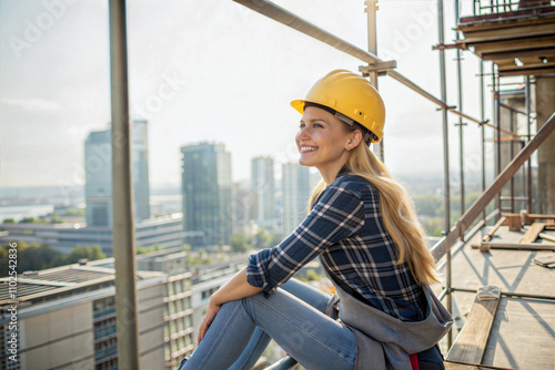 Obraz na płótnie Beautiful blonde female construction worker in yellow helmet sitting high on scaffolding and smiling, people at work, professional w salonie