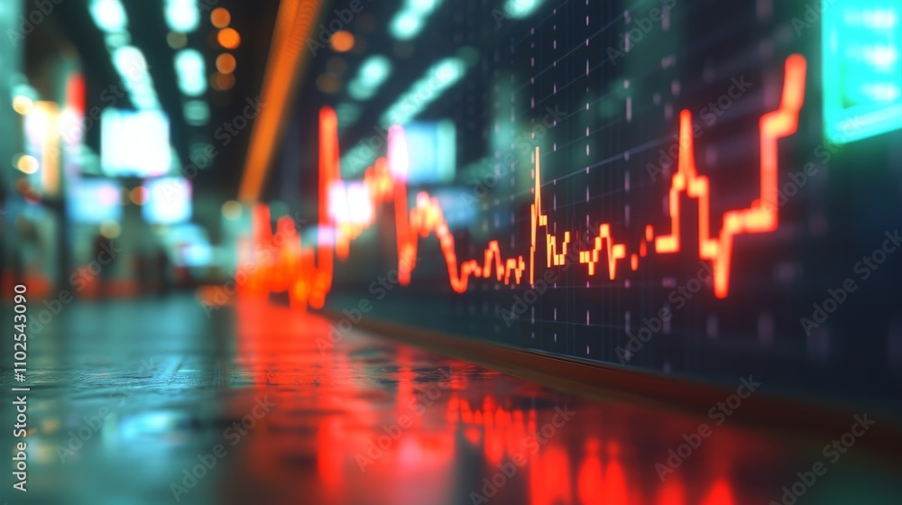Obraz premium A glowing stock market display with fluctuating data in bright red hues contrasts against a futuristic urban environment. The blurred lights in the background evoke the fast-paced world of finance. AI
