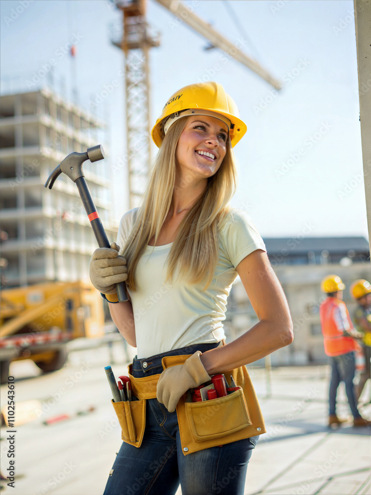 Beautiful blonde female construction worker in yellow helmet holding hammer and smiling, people at work, professional