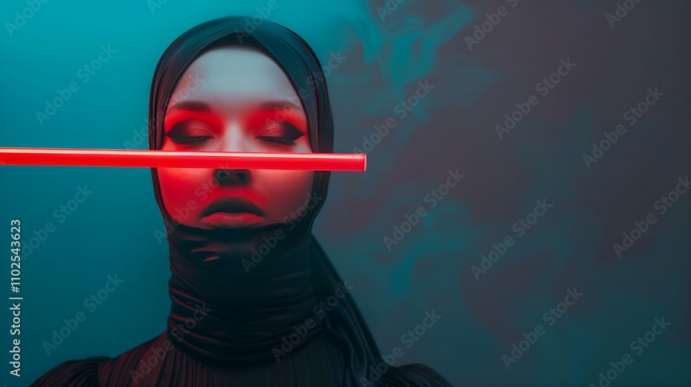 Portrait of Woman in Hijab with Neon Light Bar Portrait of Woman in Hijab with Neon Light Bar