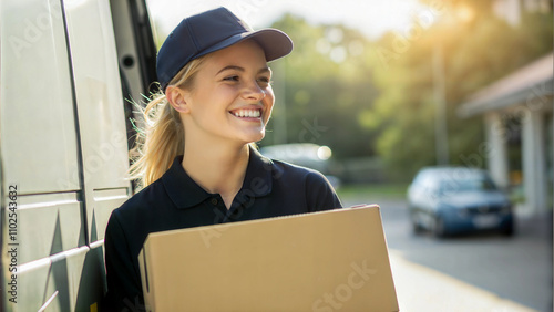 Obraz na płótnie Portrait of pretty blonde female in uniform, delivery worker, woman delivering package, people at work, blue collar job w salonie
